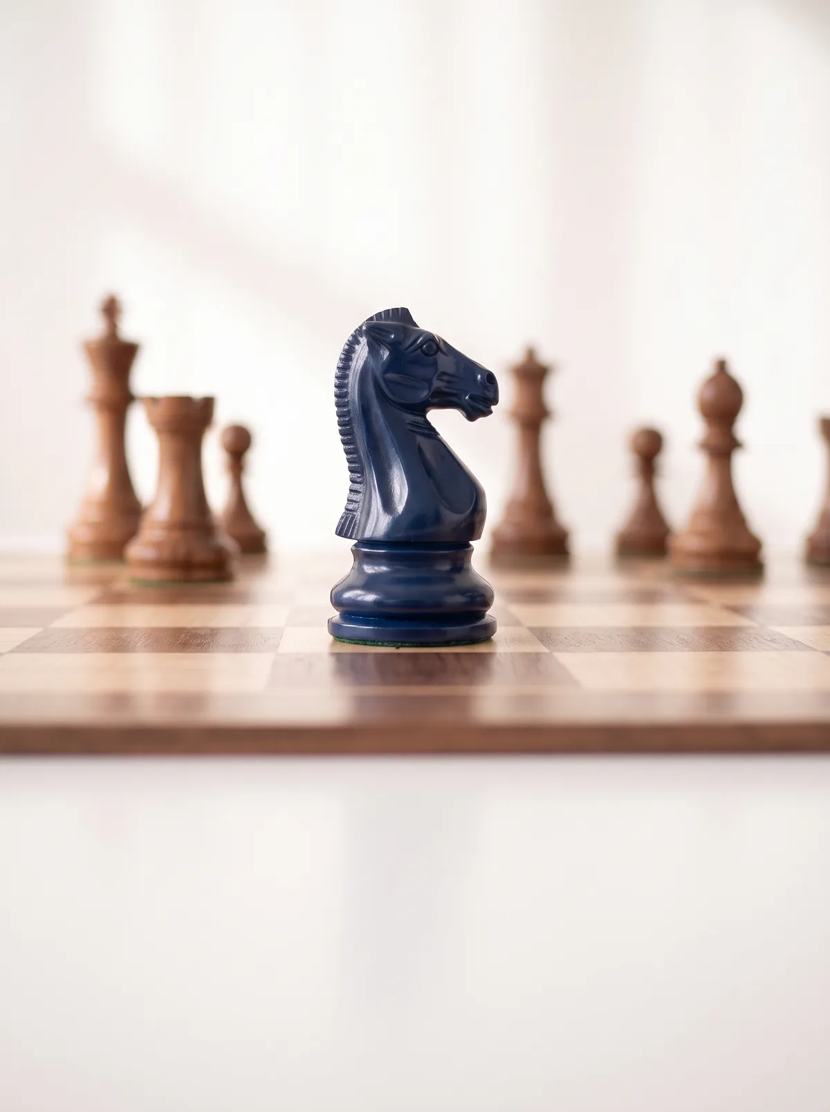 Cavalier d’échecs bleu marine sur un échiquier en noyer