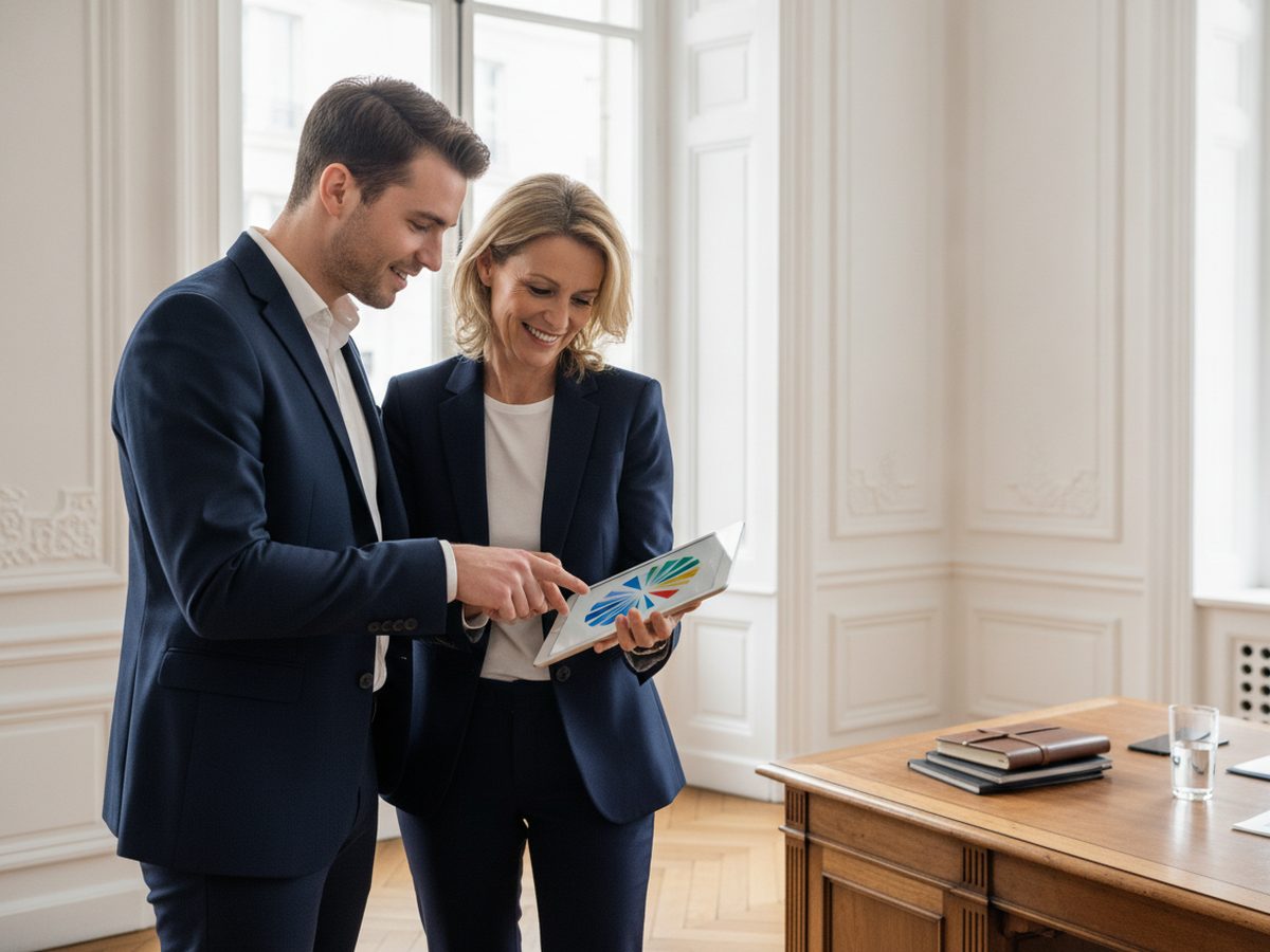 Deux commerciaux consultent leur jauge de performance sur une tablette
